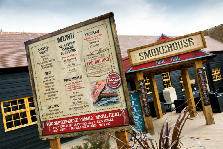 Signage and front of the Smokehouse restaurant at Chessington World of Adventures